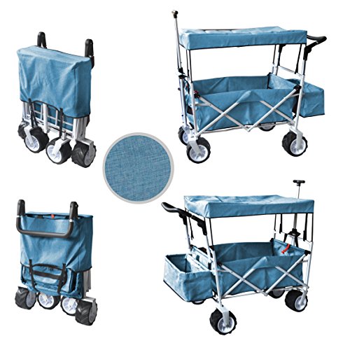 BLUE FREE ICE COOLER PUSH AND PULL HANDLE FOLDING BABY STROLLER WAGON OUTDOOR SPORT COLLAPSIBLE KIDS TROLLEY W  CANOPY GARDEN UTILITY SHOPPING TRAVEL BEACH CART - EASY SETUP NO TOOL NECESSARY