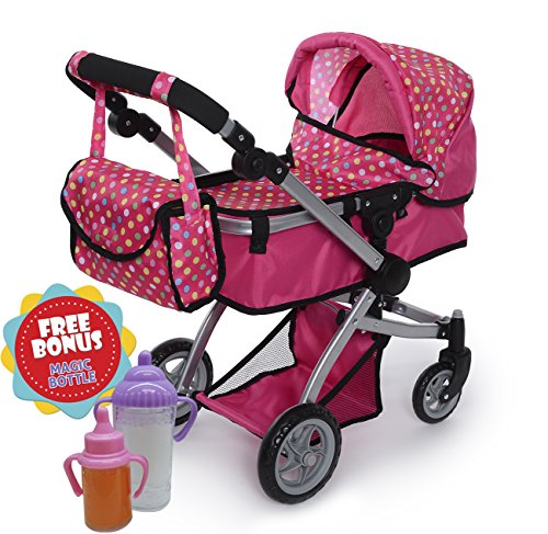 Exquisite Buggy Deluxe POLKA DOTS Doll Pram Stroller with Swiveling Wheels   Adjustable Handle and A Free Carriage Bag With 2 FREE Magic Bottles Included