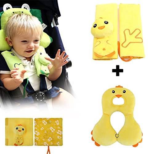 Inchant Baby Child Car Seat Accessory Set - Head Neck Support and Belt Cover Strap For Baby Safety Seat or Stroller - Cartoon Yellow Chicken - 1-4 Year