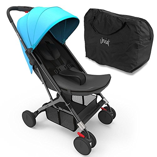 Jovial Portable Folding Baby Stroller – Lightweight  Compact   Foldable for Travel – Includes Storage Bag Cover  Under Basket  Adjustable Seat  Harness Straps   Protective Canopy (Blue)