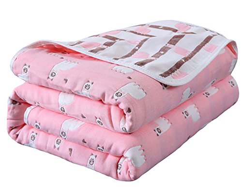 Junliyuan Newborn Baby Blanket Cotton 6 Layer Mushrooms Alpacas Crowns Planes Strawberries  Chicken Clouds Swaddle Sleeping Receiving Cloth Stroller Wrap (pink alpacas)