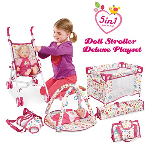 Liberty Imports 5-in-1 Deluxe Newborn Baby Doll Stroller Nursery Playset with Play Mat  Playard  Baby Carrier  and Travel Bag (Doll Included)