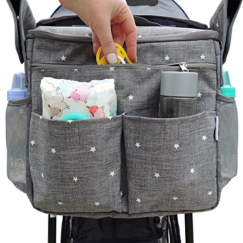 Parents Stroller Organizer Bag - Fits All Baby Stroller Models  Travel Bag with Shoulder Strap for Carrying Bottles  Diapers  Toys   Snacks  Insulated Cooling System  Cup Holder   Storage Pockets