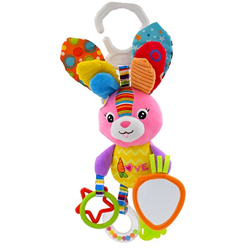 Seprovider Baby Toys  Colorful Rabbit Infant Stroller Toys Washable Squeaker Car Toys  Kids Hanging Toy for Crib with Rattle Ring  Mirror for Self Discovery  Teethers