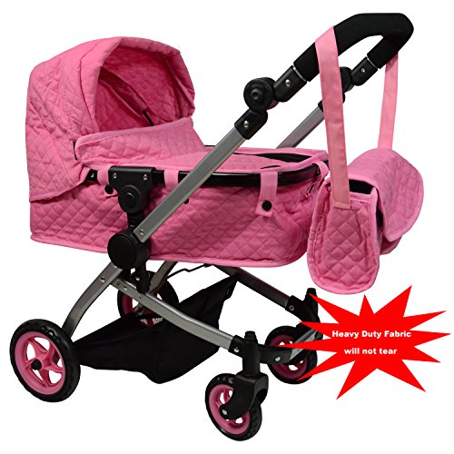 The New York Doll Collection Modern Bassinet Baby Stroller Quilted Fabric  Pink Color  Adjustable Height FREE Diaper Bag