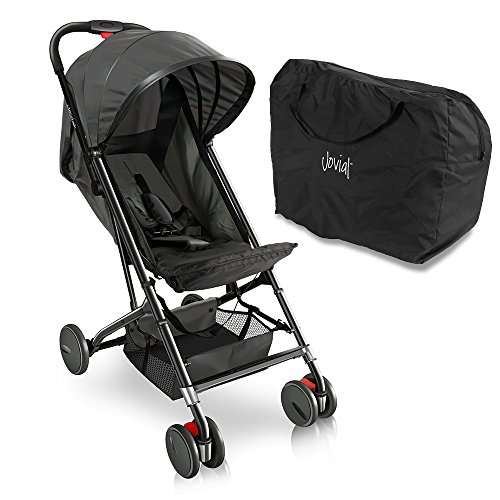 Upgraded Portable Lightweight Travel Stroller - Easy 1 Hand Foldable Compact Stroller  Adjustable Reclining Seat  World's Smallest Stroller to Fit in Small Cars Between The Seats by Jovial (Black)
