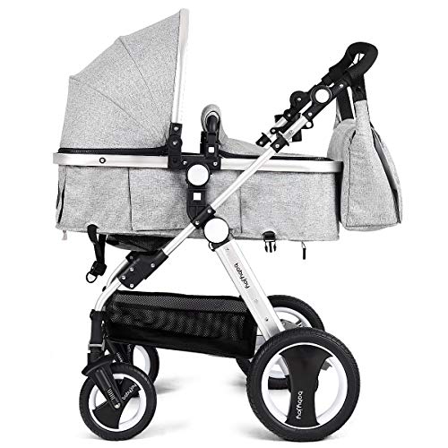 Babyjoy Baby Stroller  Aluminum 2-in-1 Foldable Toddler Stroller  Convertible Bassinet Reclining Stroller Carriage with Cup Holder   Foot Cover   Diaper Bag (Gray)