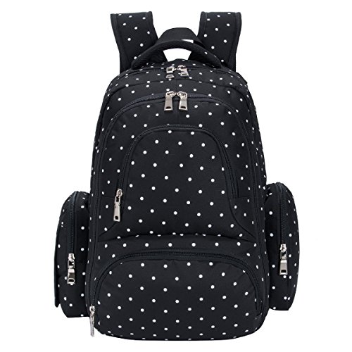 SALE-Baby Diaper Bag Smart Organizer Waterproof Travel Diaper Backpack with Changing Pad and Stroller Clips (Black Dot)
