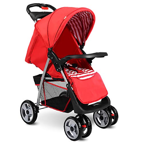 Costzon Baby Stroller  Foldable Infant Pushchair with 5-Point Safety Harness  Multi-Position Reclining Seat  Parent and Child Tray  Large Storage Basket  Suspension Wheels  Red